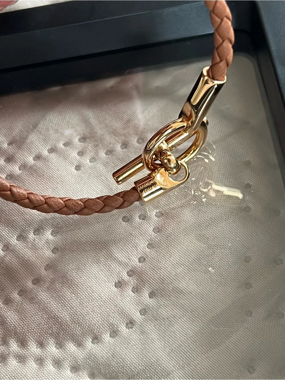 Hermes Braided Leather Bracelet with Yellow Gold Toggle